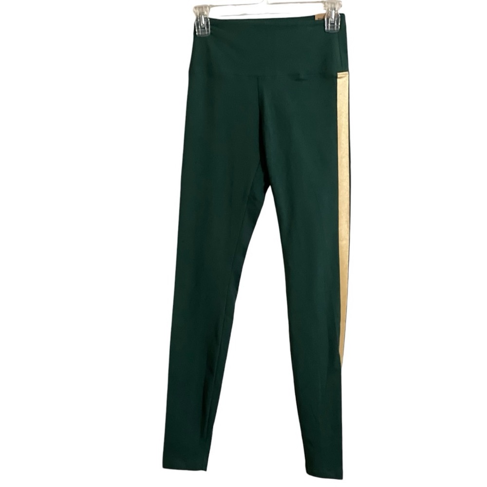 Victoria's Secret PINK Leggings Cotton High Waist Small Green W Gold Stripe